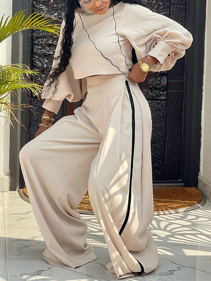 Long Sleeves Wide Leg Buttoned Contrast Color Round-Neck Shirts Tops&Pants Suits