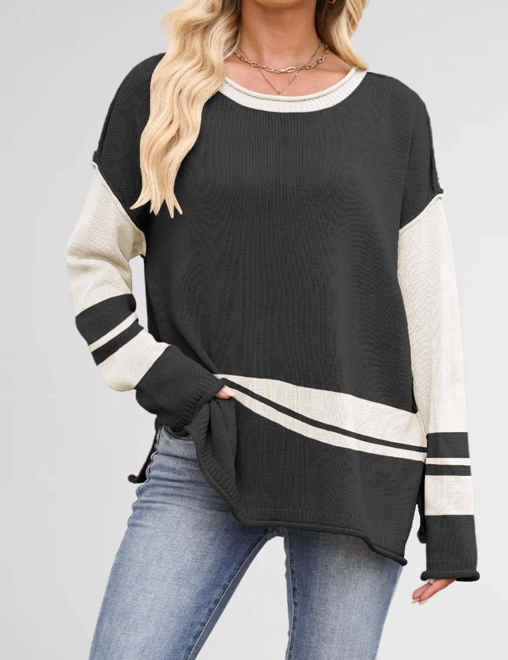Color Block Round Neck Loose Sweater