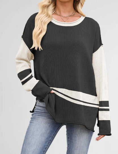 Color Block Round Neck Loose Sweater