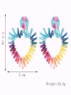 Geometric Coloured Lafite Handwoven Heart-Shaped Earrings