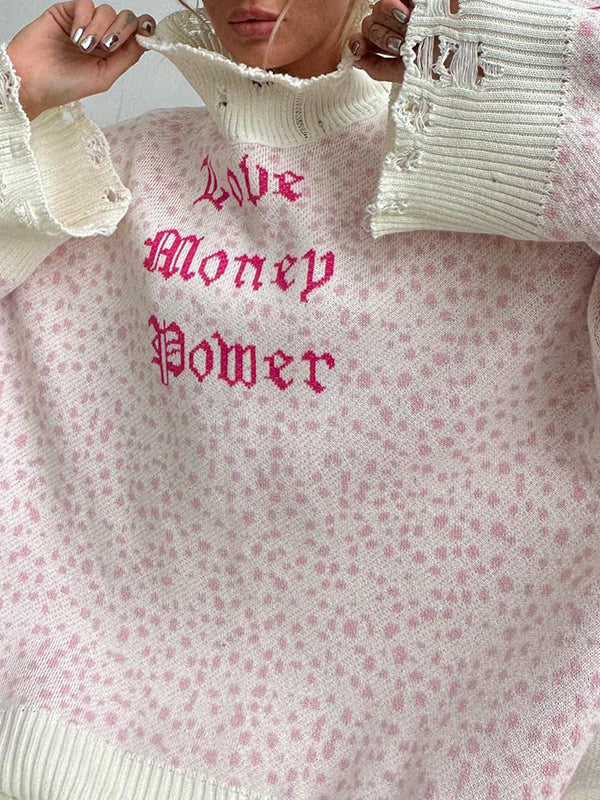 Long Sleeves Loose Hollow Knitted Letters Round-Neck Knitwear Pullovers Sweater Tops