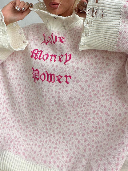 Long Sleeves Loose Hollow Knitted Letters Round-Neck Knitwear Pullovers Sweater Tops