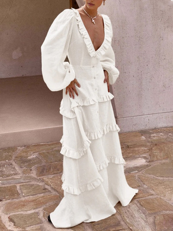 A-Line Long Sleeves Buttoned Elasticity Pleated Ruffle Trim Solid Color Split-Joint Tied Waist Deep V-Neck Maxi Dresses