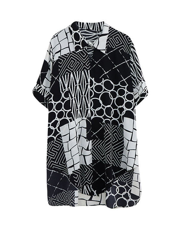 Oversize Short Sleeves Printed Lapel Pants Shirts Tops Two Pieces Set