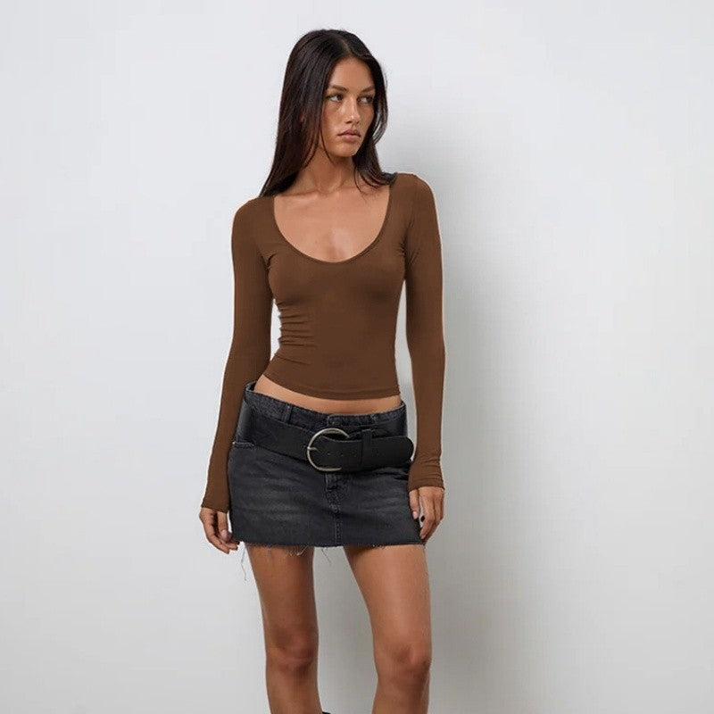 Short Crop Slim Solid U-Neck Long Sleeve Tee