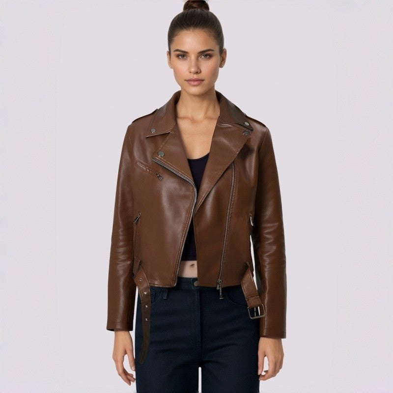 PU Retro Belted Biker Jacket Lapel Collar