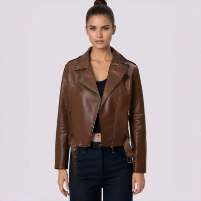 PU Retro Belted Biker Jacket Lapel Collar