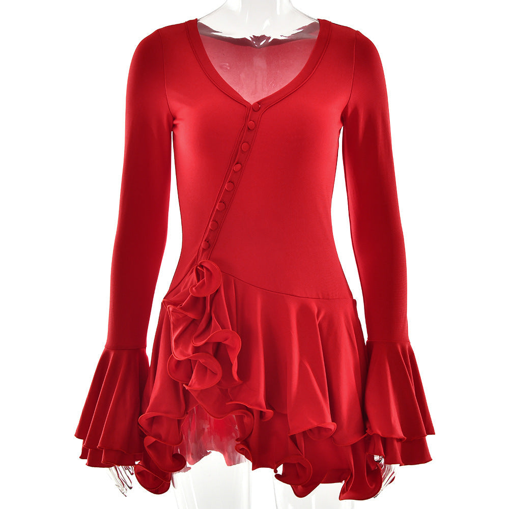 Flare Sleeve Ruffle Bodycon Mini Dress