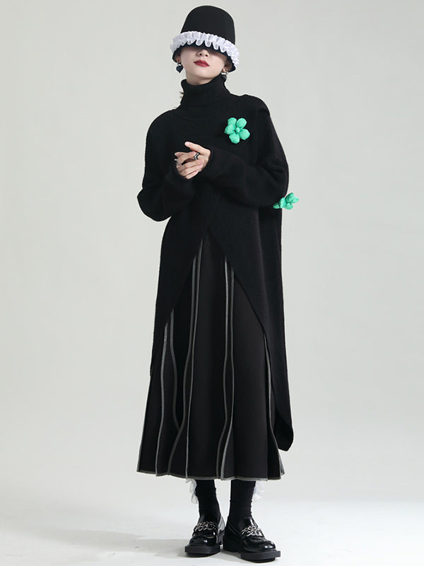 Original High-Low Asymmetric Knitting Dress High-Neck Sweater Dress