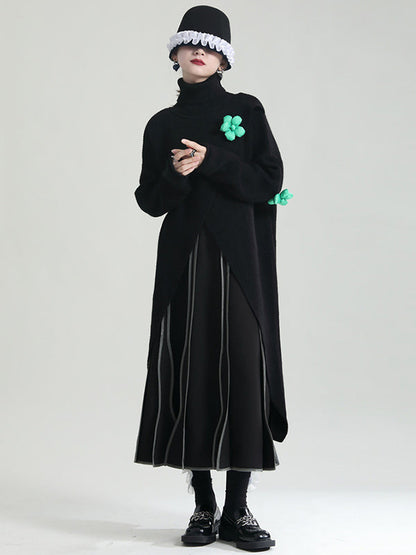 Original High-Low Asymmetric Knitting Dress High-Neck Sweater Dress