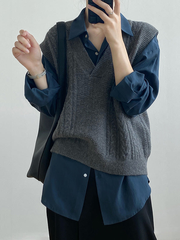 Casual Loose Sleeveless Jacquard Solid Color V-Neck Sweater Vest Outerwear