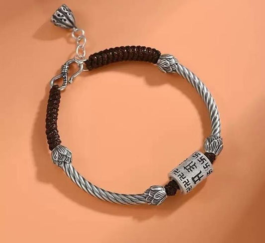 925 Sterling Silver Six-Character Mantra Transfer Beads Heart Sutra Lovers Bracelet
