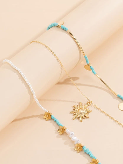 3pcs Sun \u0026 Floral Faux Pearl Beaded Necklace