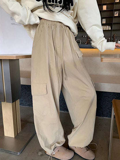 High Waisted Loose Drawstring Elasticity Pockets Solid Color Split-Joint Pants Trousers