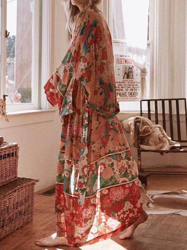 Boho Patchwork Maxi Floral Print Long Batwing Sleeve Belt Cover-Up
