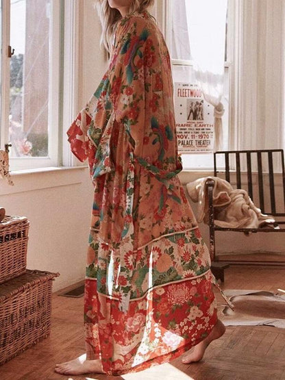 Boho Patchwork Maxi Floral Print Long Batwing Sleeve Belt Cover-Up