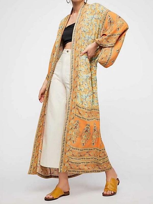 Bohemian Floral Print Women Long Sleeve Boho Cover-Up