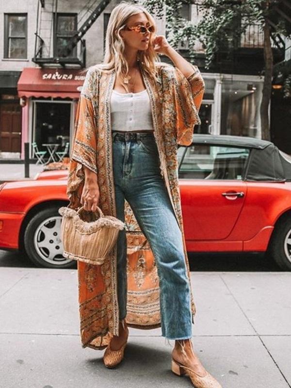 Bohemian Floral Print Women Long Sleeve Boho Cover-Up