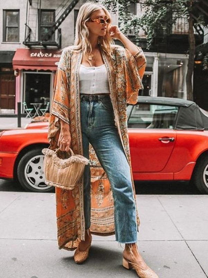 Bohemian Floral Print Women Long Sleeve Boho Cover-Up