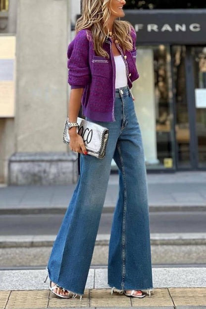 Retro Purple Chanel Style Metal Chain Knitted Cardigan