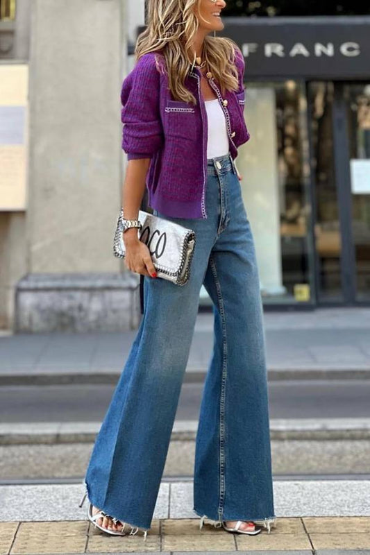 Retro Purple Chanel Style Metal Chain Knitted Cardigan