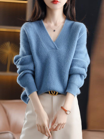 Loose Long Sleeves Solid Color V-Neck Sweater Tops