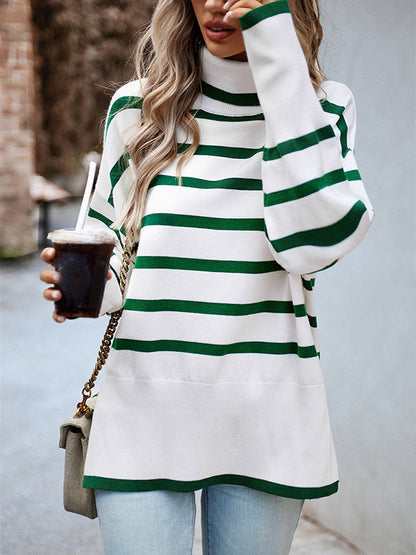 Loose Wrap Contrast Color Split-Side Striped High-Neck Sweater Tops