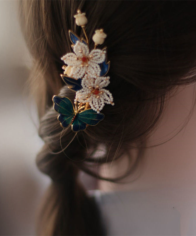 Vintage Blue Sterling Silver Overgild Pearl Cloisonne Floral Hairpin