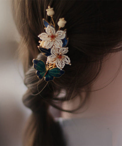 Vintage Blue Sterling Silver Overgild Pearl Cloisonne Floral Hairpin