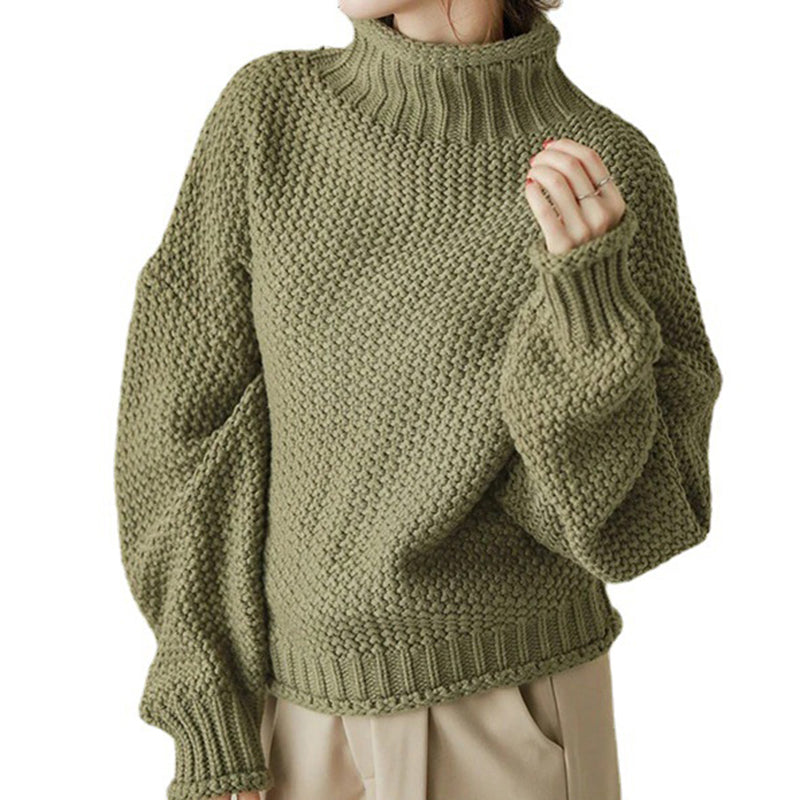 Long Sleeves Loose Solid Color High Neck Knitwear Sweater