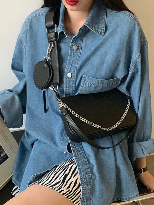 Urban Solid Color Zipper PU Shoulder Bag