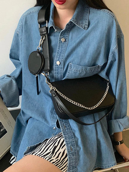 Urban Solid Color Zipper PU Shoulder Bag