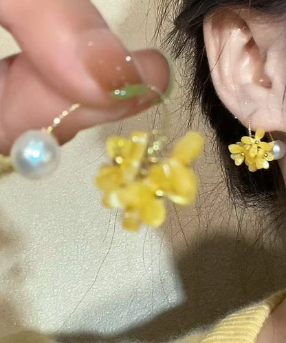 Cute Yellow Copper Acrylic Pearl Floral Hoop Earrings