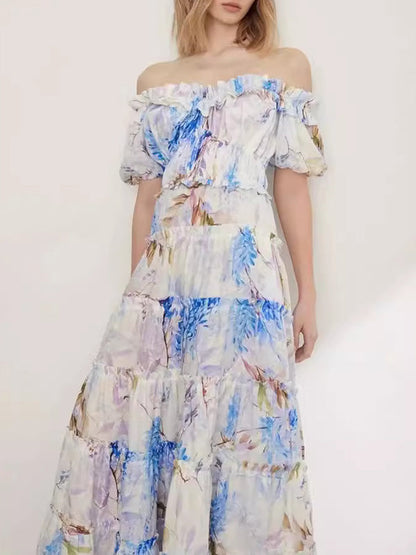Flower Printed Short Sleeves One Shoulder Bohemia Maxi Dresses
