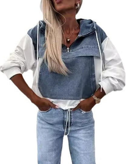 Trendy Splice Color Block Washed Denim Hoodie