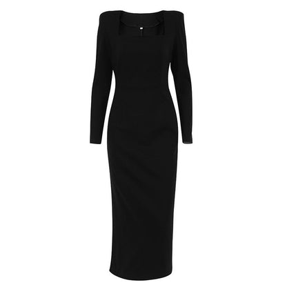 Solid Color Square Neck Long Sleeve Long Bodycon Dress