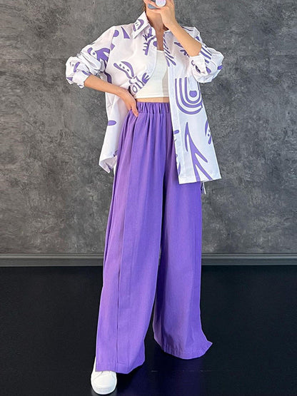 Lapel Printed High-Low Blouse+ Elasticity High Waisted Split-Side Pants Bottom Two Pieces Set