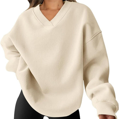 Solid Color Loose V-Neck Pullover Sweatshirt