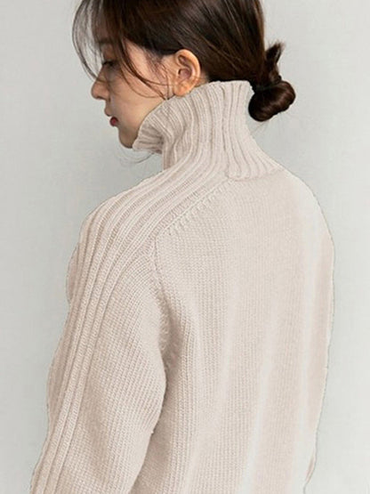 Loose Long Sleeves Solid Color High-Neck Sweater Tops