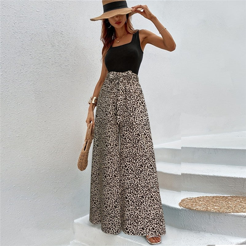 Stretch Waist Leopard Print Flare Pants Bow Tie