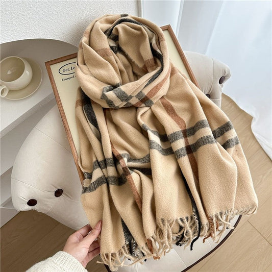 Color Block Plaid Fringe Scarf