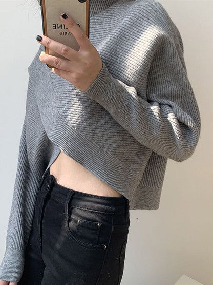 Stylish 4 Colors Knitting High-Neck Asymmetric Split-Front Sweater