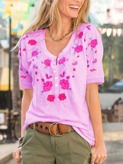 Summer New Style Women'S Short-Sleeved Fashion Embroidery Lace Casual T-Shirt