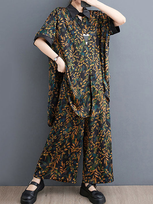 Loose Short Sleeves Printed Lapel Two Pieces Set