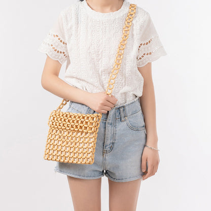 Cosbai - Wooden Bead Woven Crossbody Bag - Stylish &amp; Classic