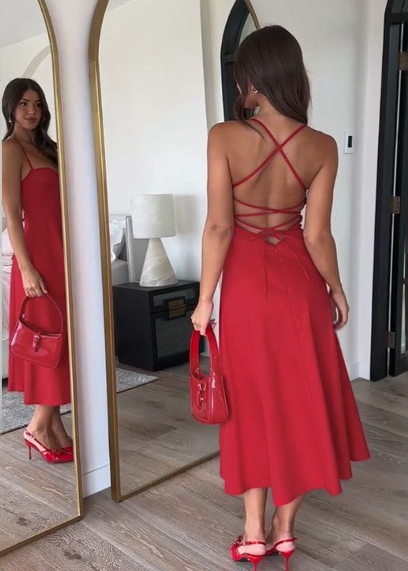 Strappy Back Midi Dress In Red Structured Fabric