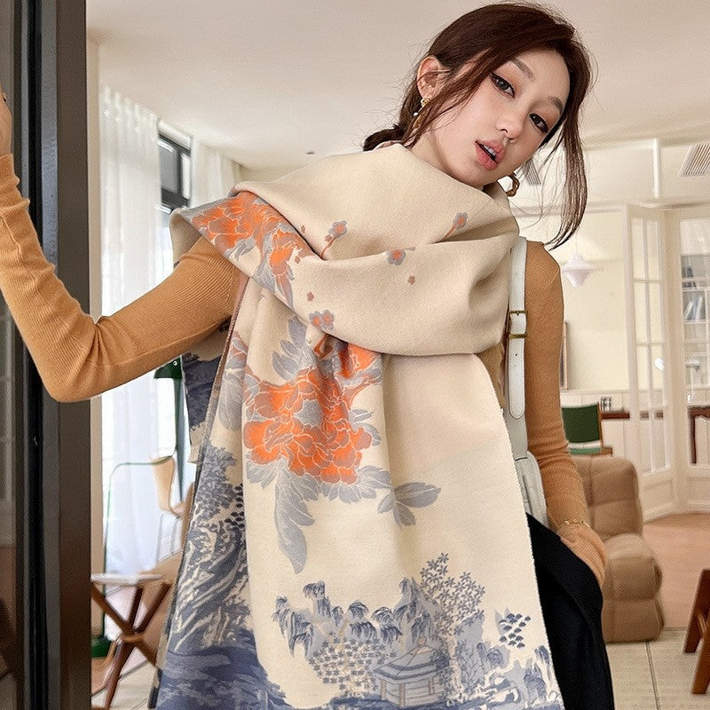Fashionable Printed Imitation Cashmere Tassel Scarf