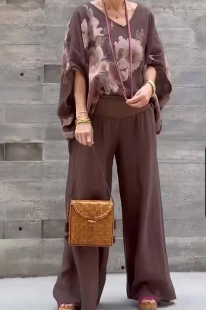 V-neck cotton and linen printed top and trousers casual suit
