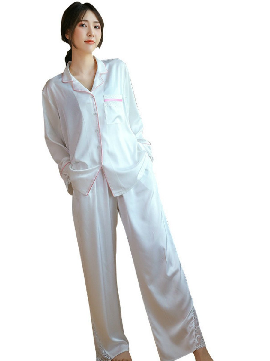 Spring And Summer New Women Thin Lace Pajamas Set Ice Silk Long-Sleeved Noble Temperament Home Clothes