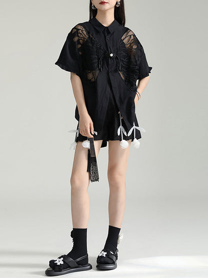 Half Sleeves Loose Buttoned Mesh Reversible See-Through Split-Back Split-Joint Lapel Blouses&Shirts Tops